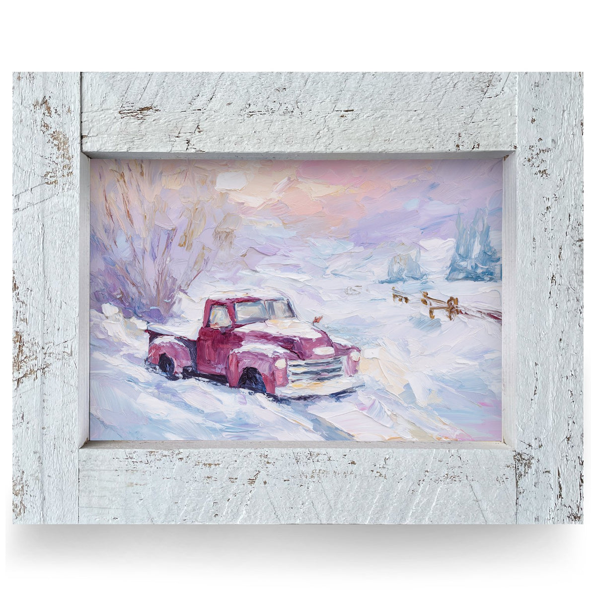 Red Truck Winter Morning | Real Wood Framed Wall Art Print