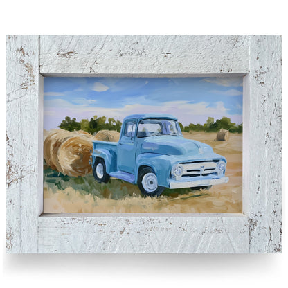 Blue Truck Hay Field | Real Wood Framed Wall Art Print