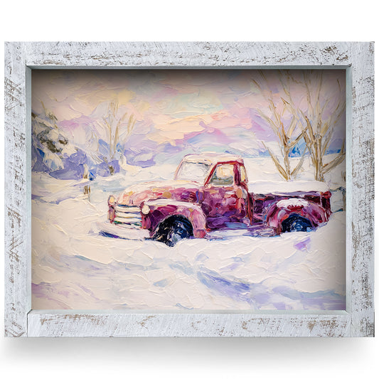 Red Truck Winter | Real Wood Framed Wall Art Print