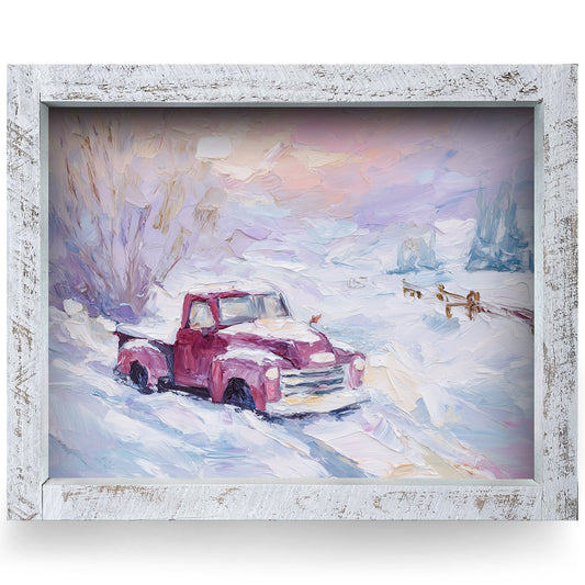Red Truck Winter Morning | Real Wood Framed Wall Art Print
