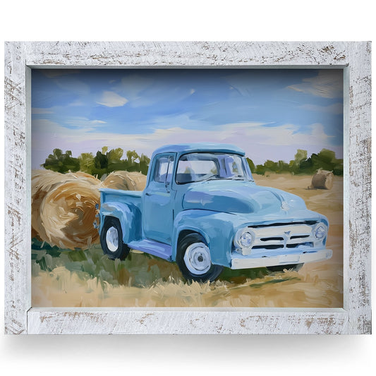Blue Truck Hay Field | Real Wood Framed Wall Art Print