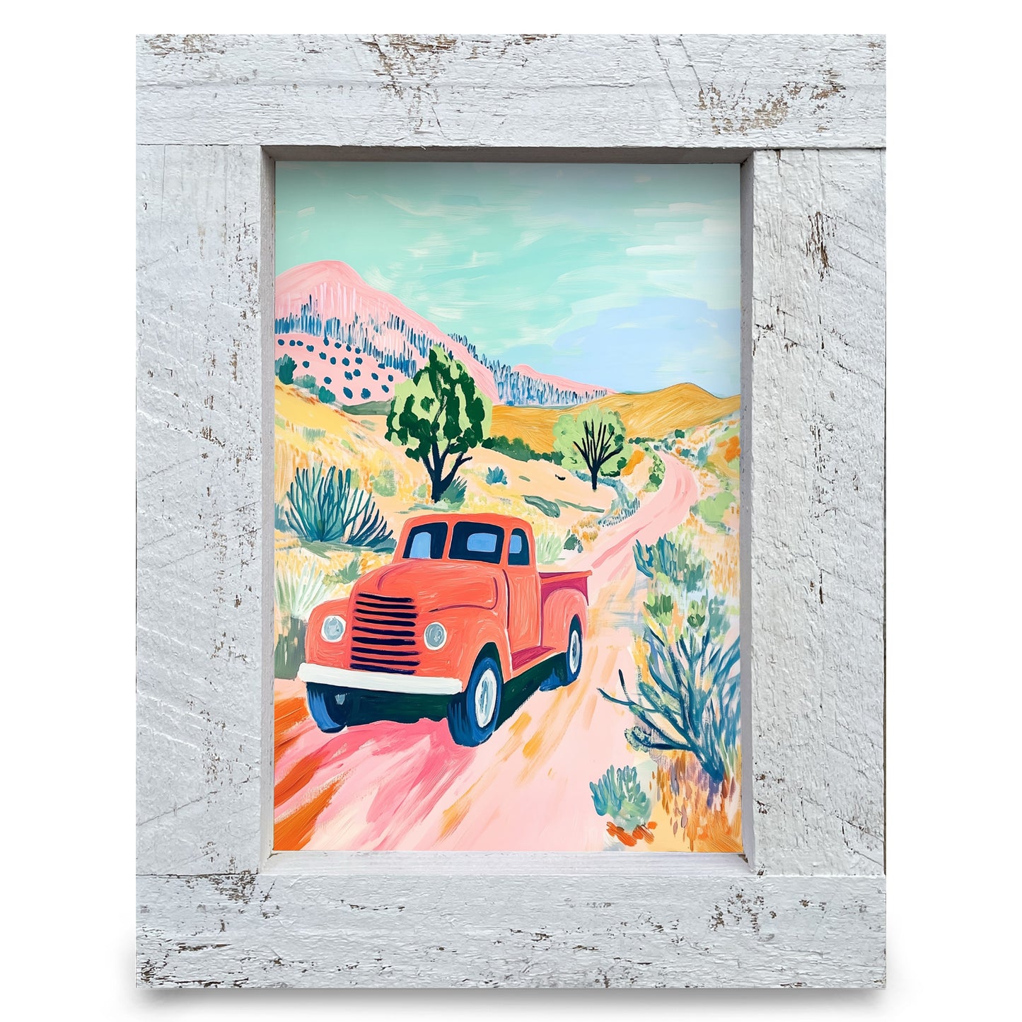 Whimsy Mountain Pickup Truck | Real Wood Framed Wall Art Print