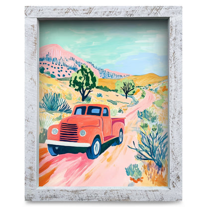 Whimsy Mountain Pickup Truck | Real Wood Framed Wall Art Print