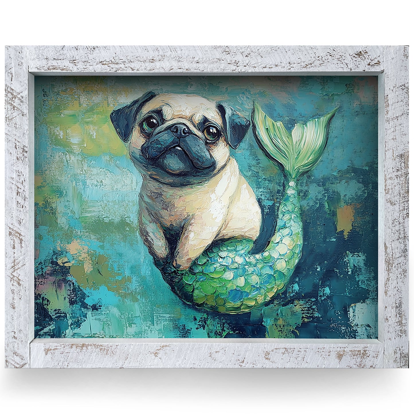 Beautiful Mermaid Angel Pug from Heaven | Real Wood Framed Wall Art Print