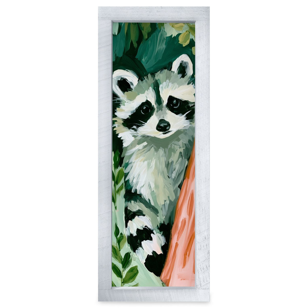 Curious Garden Raccoon | Real Wood Framed Wall Art Print | Skinny
