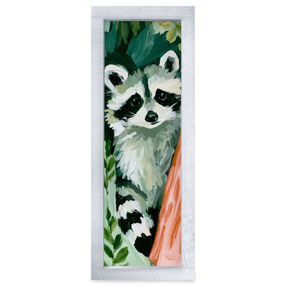 Curious Garden Raccoon | Real Wood Framed Wall Art Print | Skinny