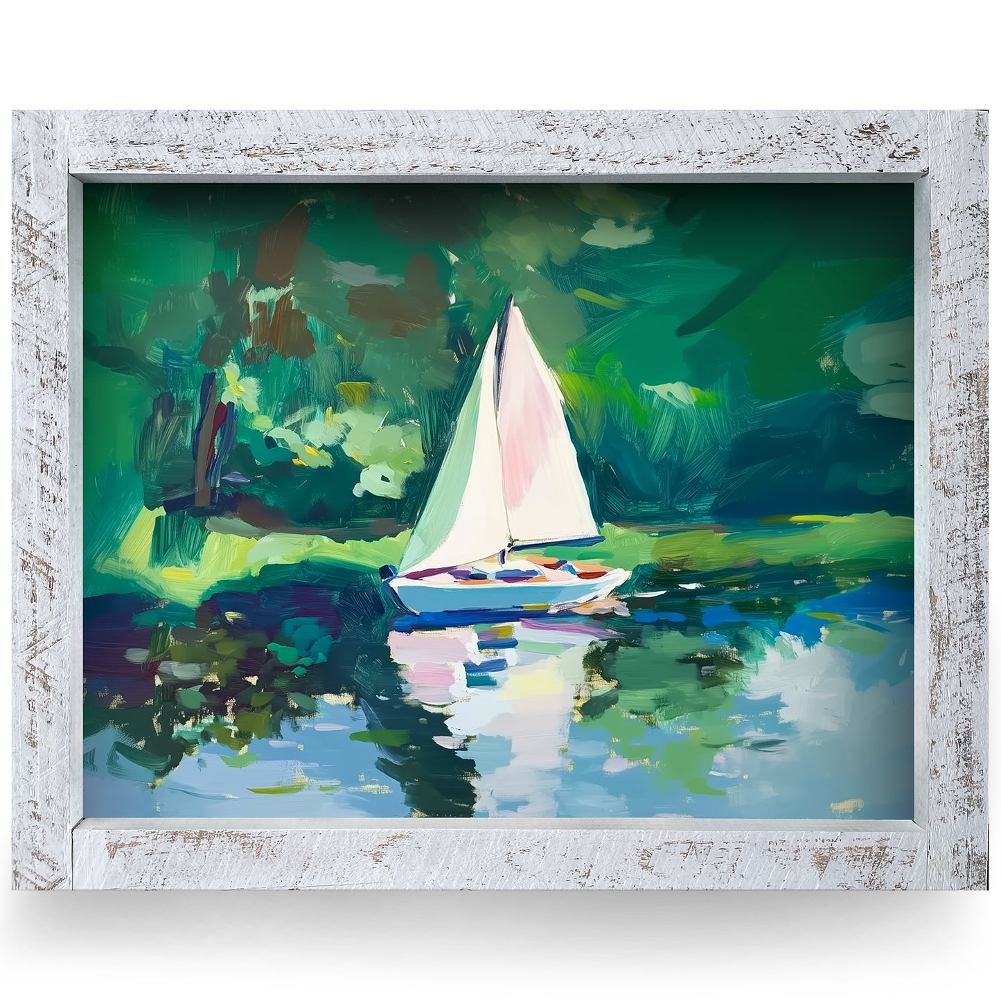 Sailboat Lake Green Horizon | Real Wood Framed Wall Art Print