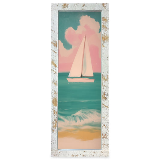 Pink Sky Sailboat | Real Wood Framed Wall Art Print | Skinny