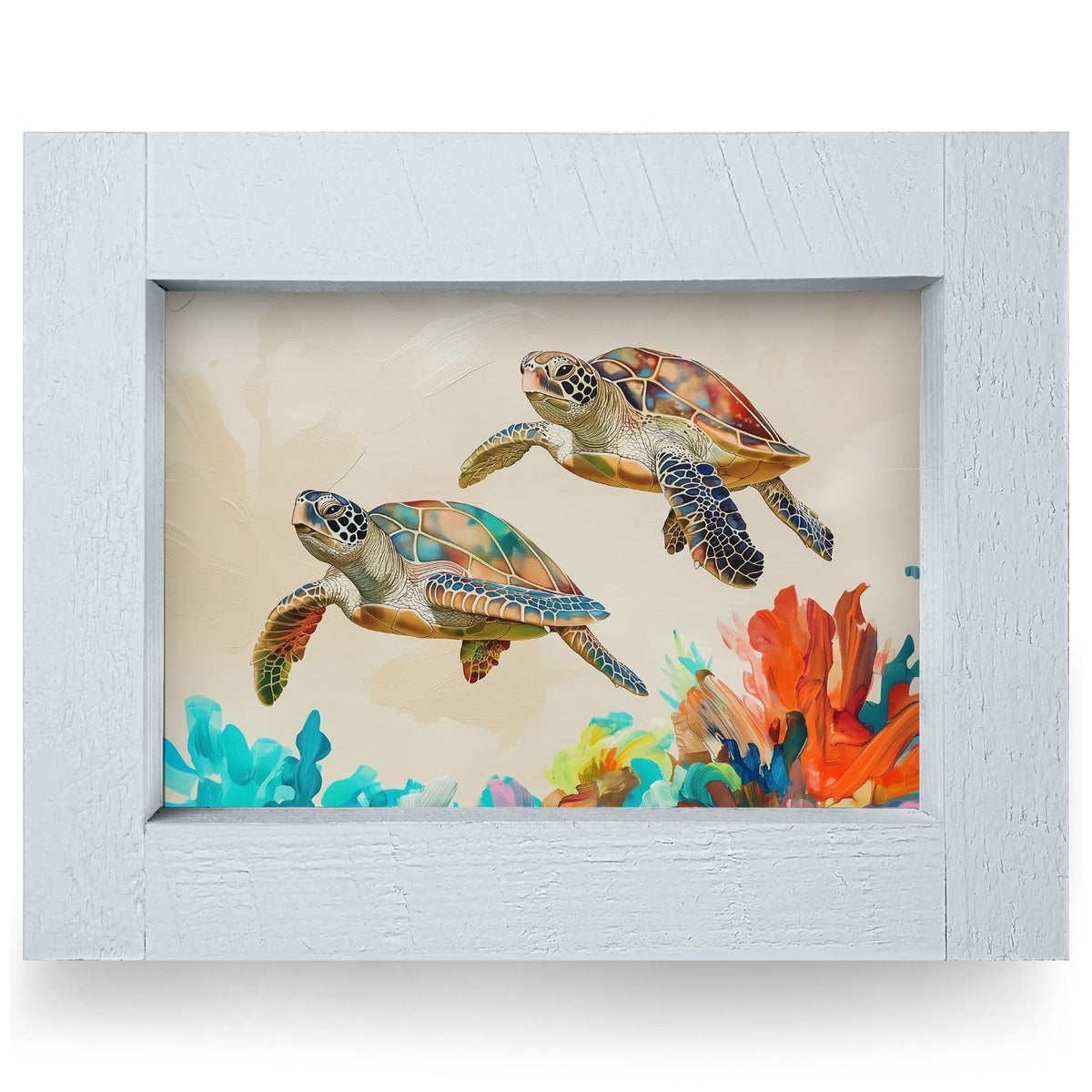 Colorful Sea Turtle Duo | Real Wood Framed Wall Art Print