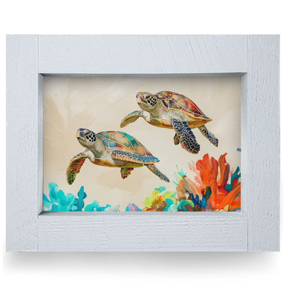 Colorful Sea Turtle Duo | Real Wood Framed Wall Art Print