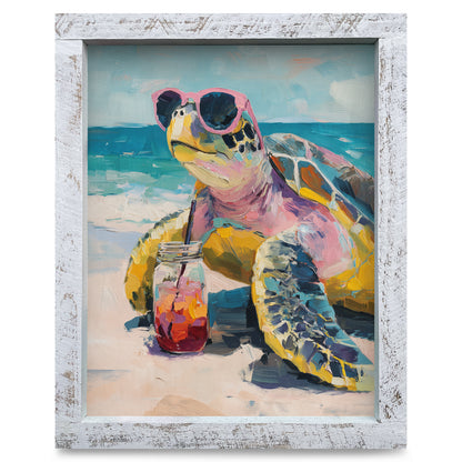 Sunny Sea Turtle Sips | Real Wood Framed Wall Art Print