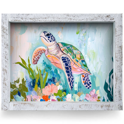 Charming Sea Turtle | Real Wood Framed Wall Art Print | Horizontal