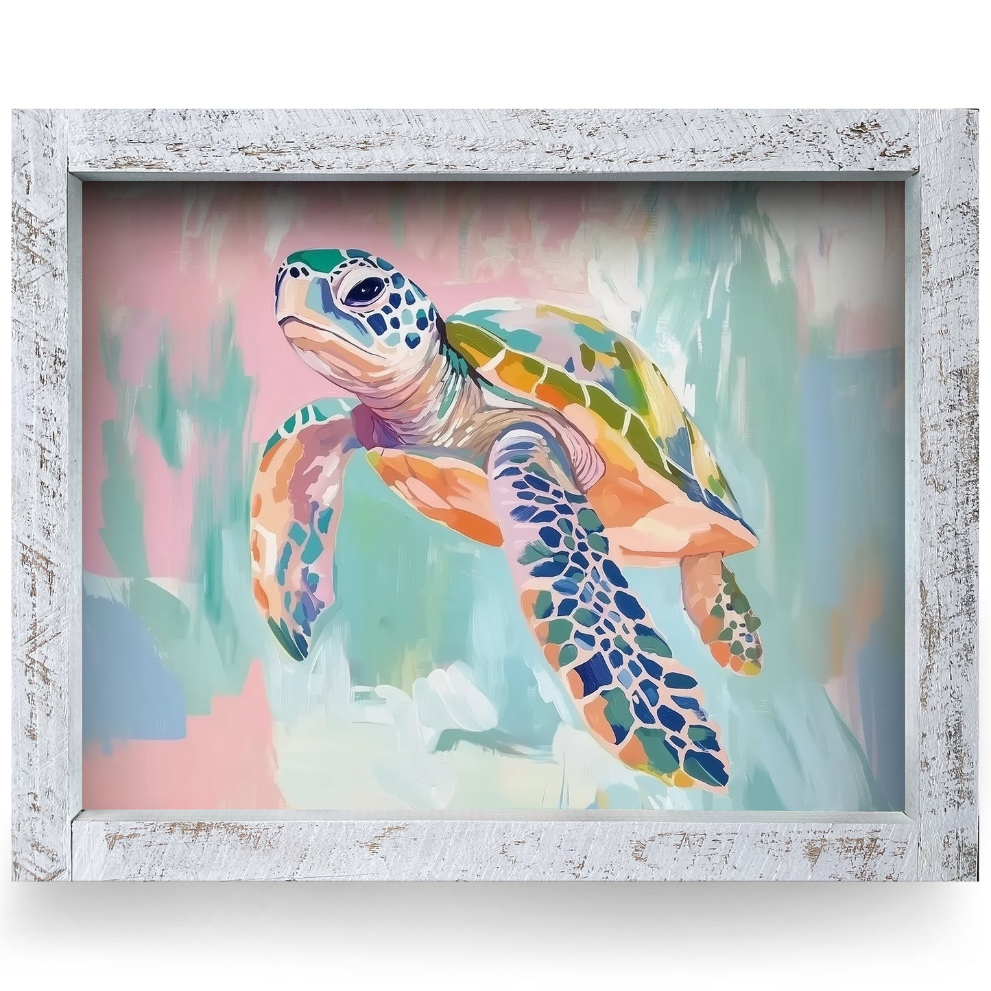 Pastel Sea Turtle | Real Wood Framed Wall Art Print | Horizontal