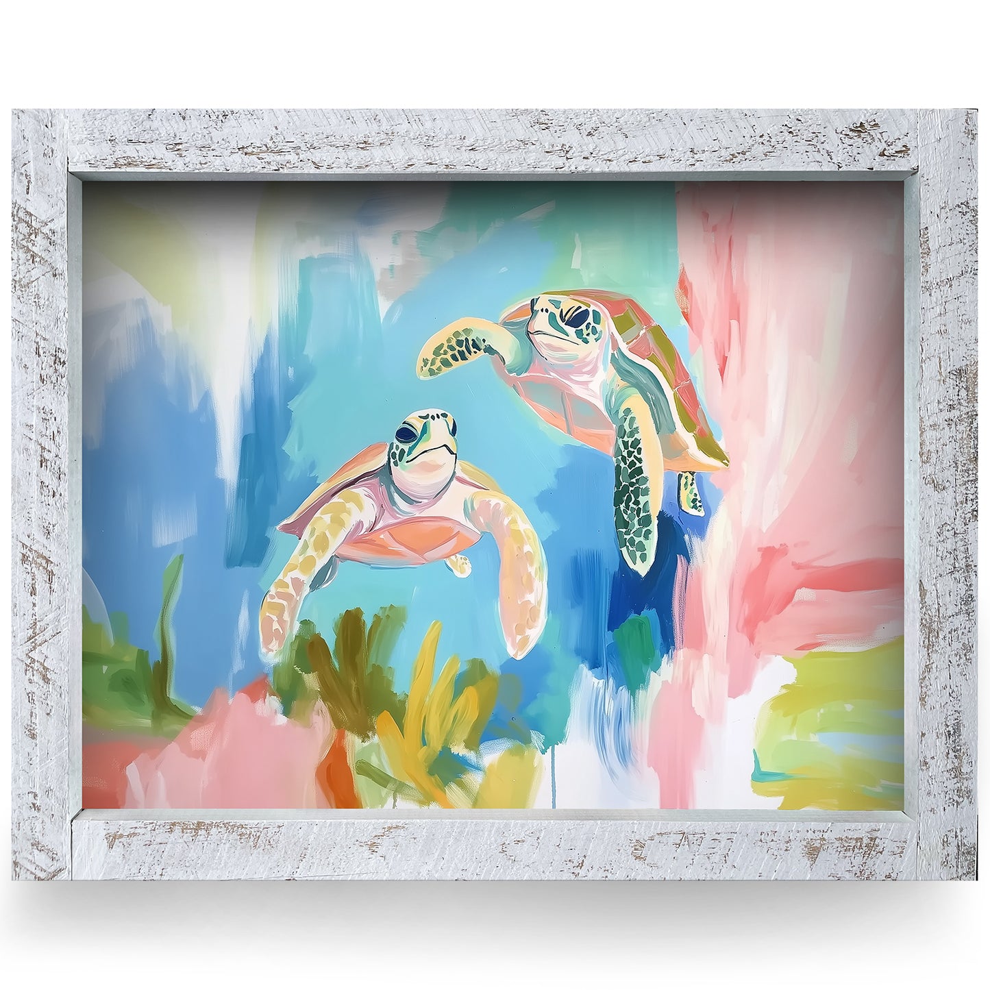 Pastel Sea Turtles | Real Wood Framed Wall Art Print | Horizontal