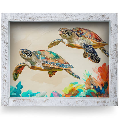 Colorful Sea Turtle Duo | Real Wood Framed Wall Art Print