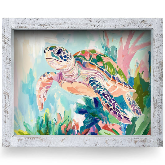 Colorful Sea Turtle | Real Wood Framed Wall Art Print