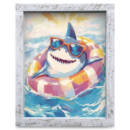 Pool Party Shark | Real Wood Framed Wall Art Print