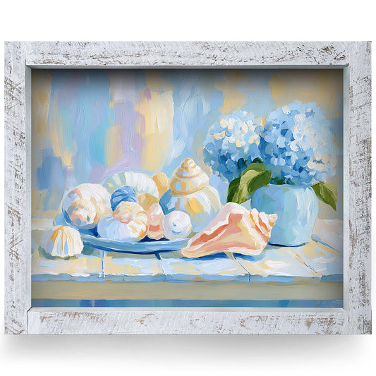 Shells & Hydrangeas | Real Wood Framed Wall Art Print
