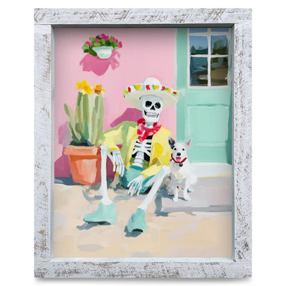 Skeleton with his Dog | Real Wood Framed Wall Art Print