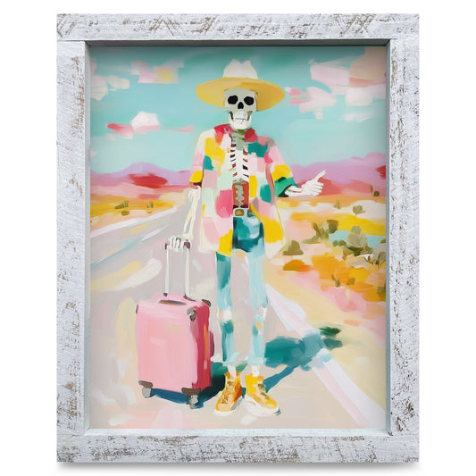 Hitchhiker Skeleton | Real Wood Framed Wall Art Print