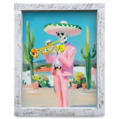 Trumpet Player Skeleton | Real Wood Framed Wall Art Print