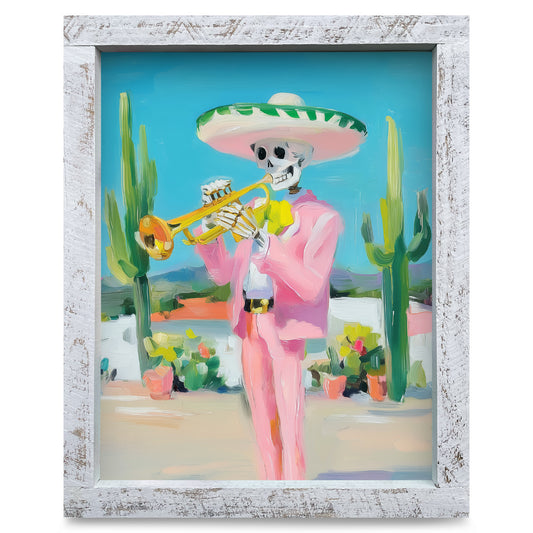 Trumpet Player Skeleton | Real Wood Framed Wall Art Print