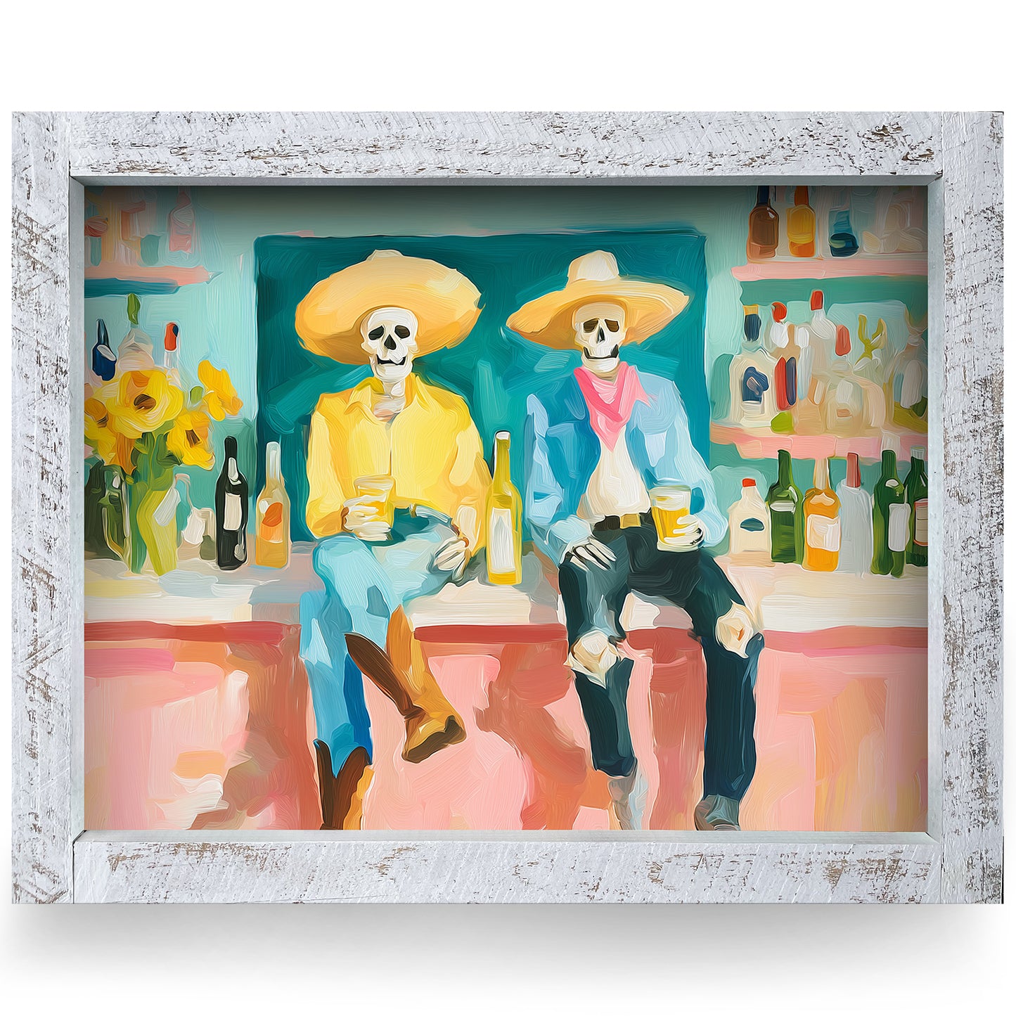 Saloon Buddy Skeletons | Real Wood Framed Wall Art Print