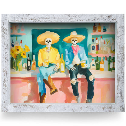 Saloon Buddy Skeletons | Real Wood Framed Wall Art Print