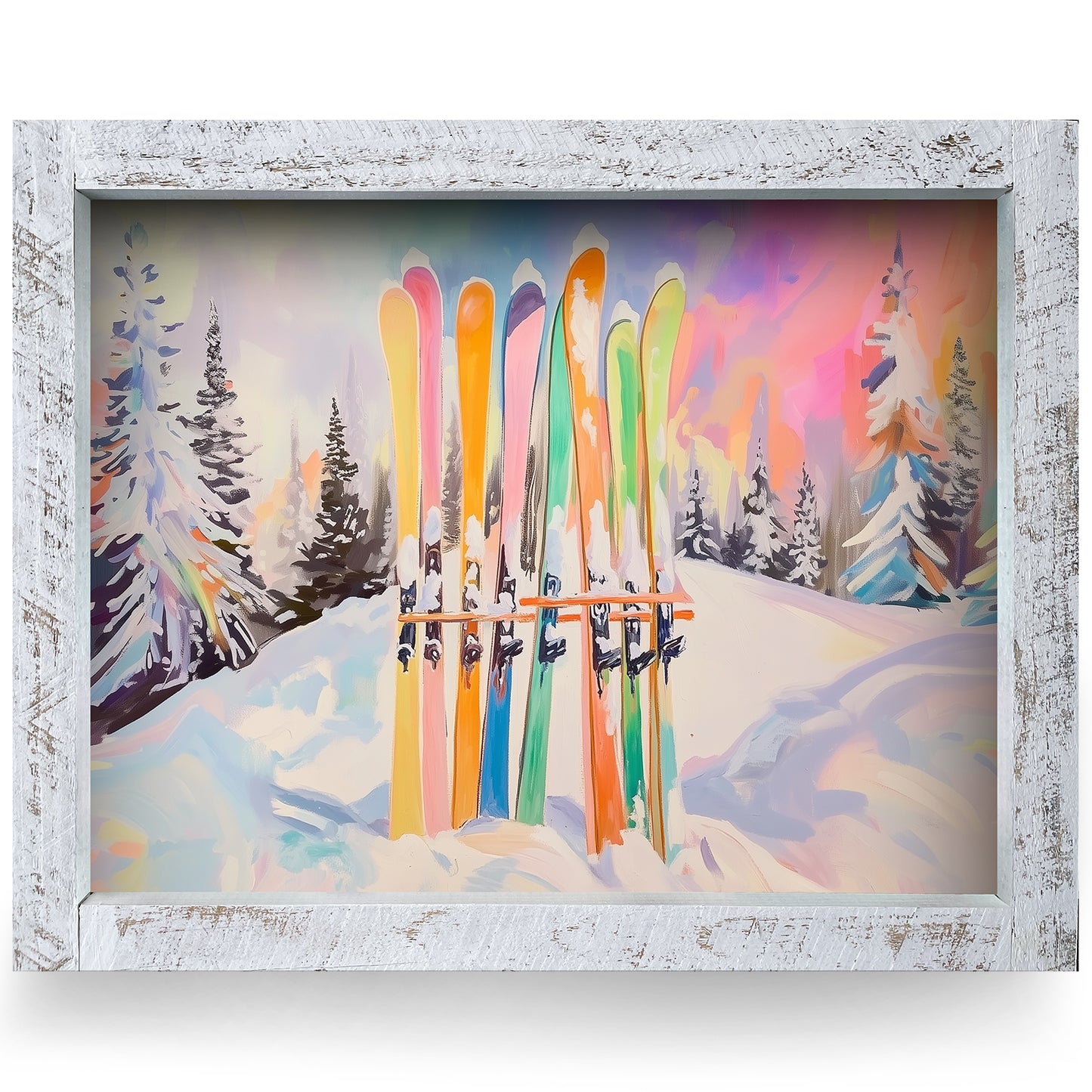 Colorful Skis & Pines | Real Wood Framed Wall Art Print | Horizontal