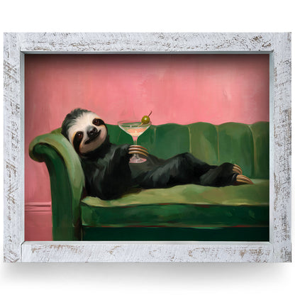 Sloth & Sips | Real Wood Framed Wall Art Print | Horizontal