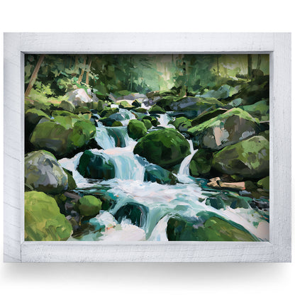Mountain Stream Waterfall | Real Wood Framed Wall Art Print | Horizontal
