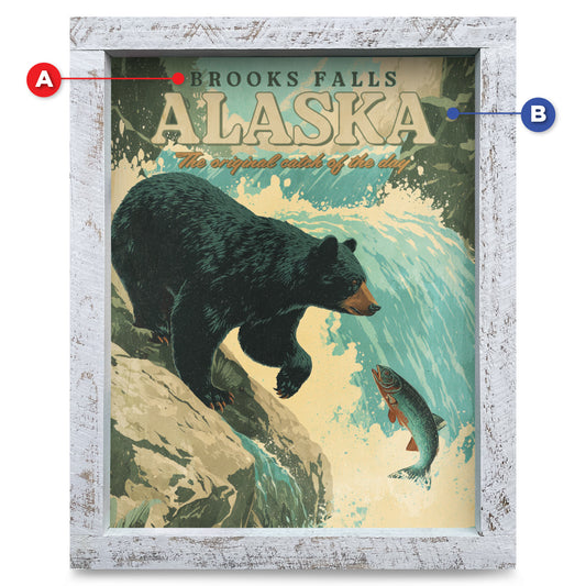 Customizable Bear Fishing at the Falls | Real Wood Framed Wall Art Print