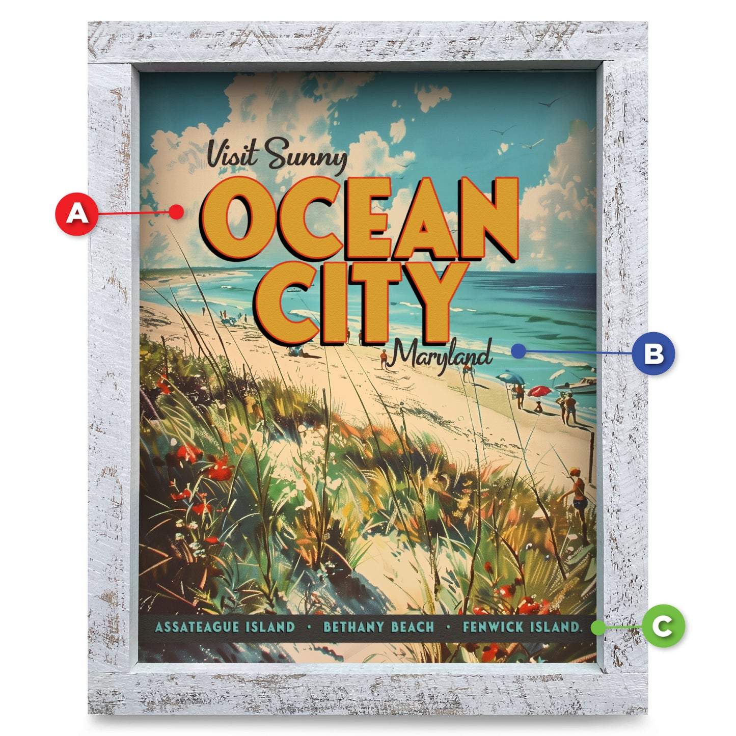 Customizable Vintage Beach Scene | Real Wood Framed Wall Art Print