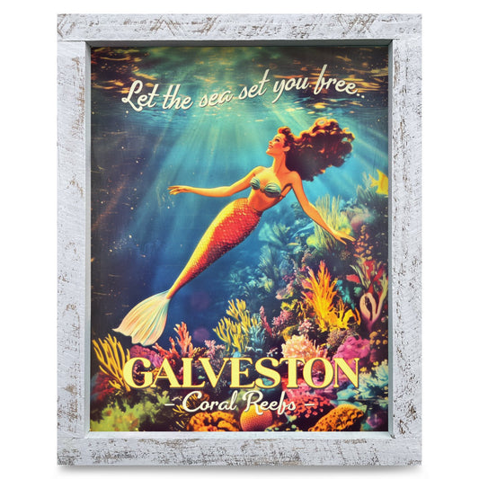 Galveston Mermaid Poster | Real Wood Framed Wall Art Print