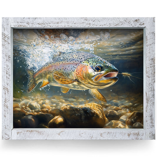 Rainbow Trout Chasing Fly | Real Wood Framed Wall Art Print