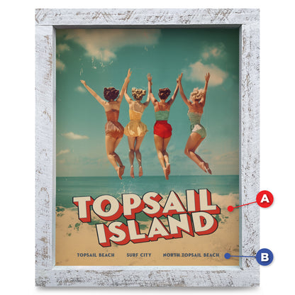 Customizable Vintage Jumping Beach Girls | Real Wood Framed Wall Art Print
