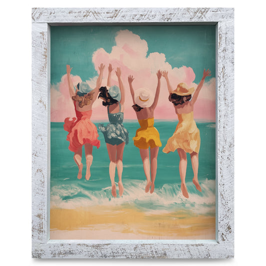 Cute Colorful Jumping Girls | Real Wood Framed Wall Art Print