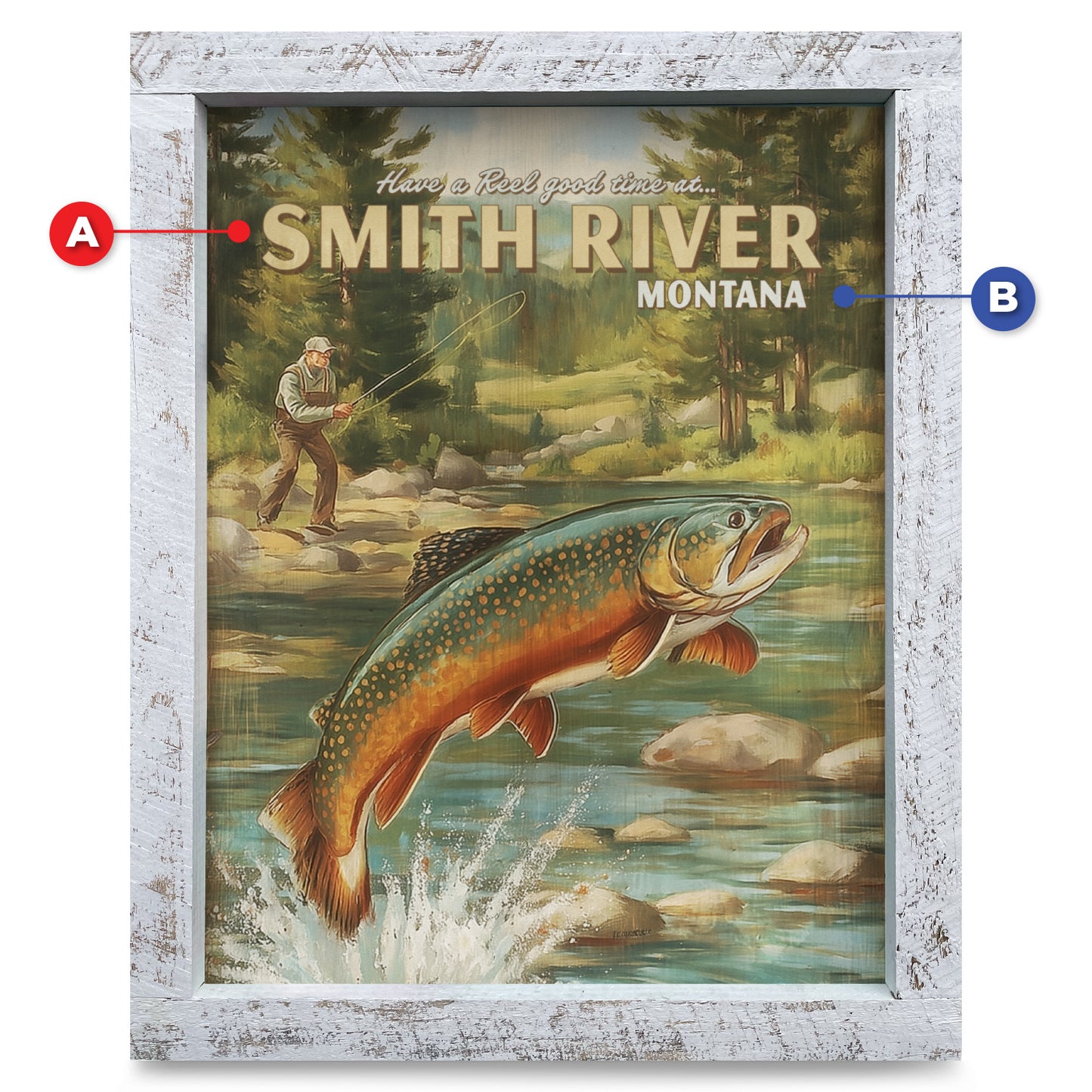 Customizable Vintage Fishing at the River | Real Wood Framed Wall Art Print