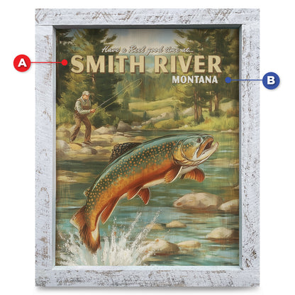Customizable Vintage Fishing at the River | Real Wood Framed Wall Art Print