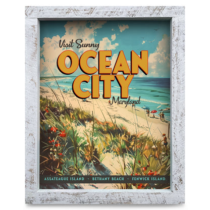 Customizable Vintage Beach Scene | Real Wood Framed Wall Art Print