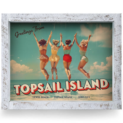 Customizable Vintage Jumping Beach Girls | Real Wood Framed Wall Art Print | Horizontal