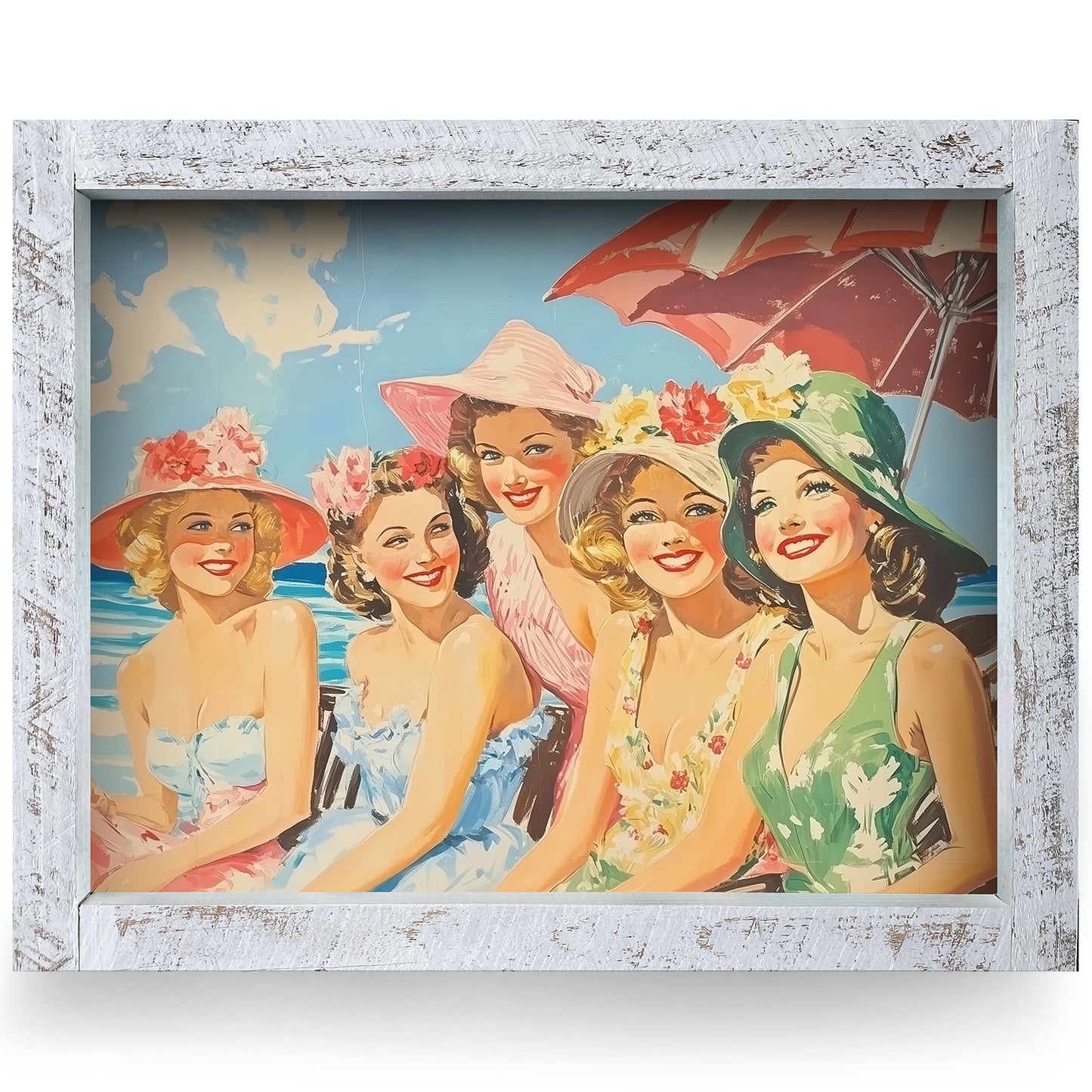 Vintage Seaside Glamour Ladies | Real Wood Framed Wall Art Print | Horizontal