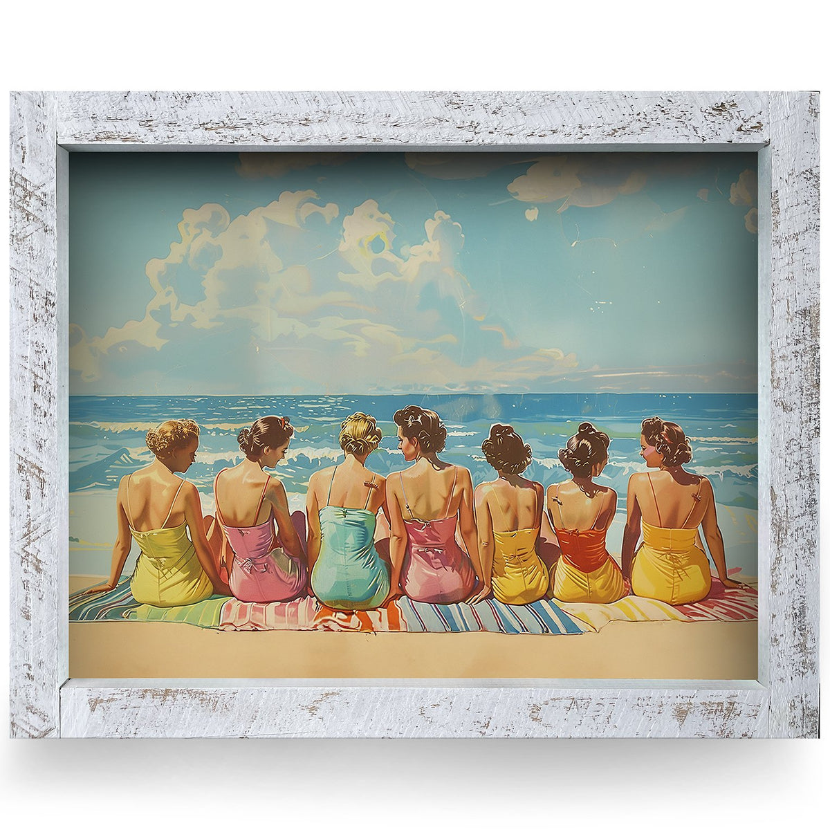 Vintage Beach Day Friends | Real Wood Framed Wall Art Print