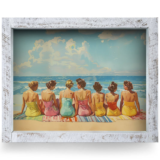 Vintage Beach Day Friends | Real Wood Framed Wall Art Print