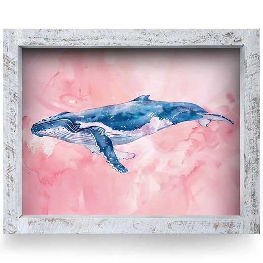 Pink Watercolor Whale | Real Wood Framed Wall Art Print