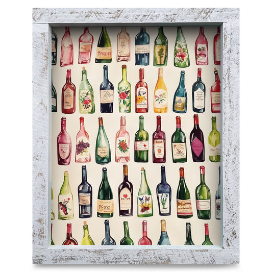 Whimsical Wine Bottles | Real Wood Framed Wall Art Print