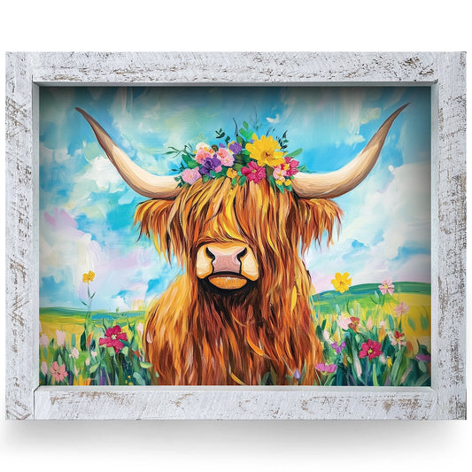Flower Crown Highland Cow | Real Wood Framed Wall Art Print | Horizontal