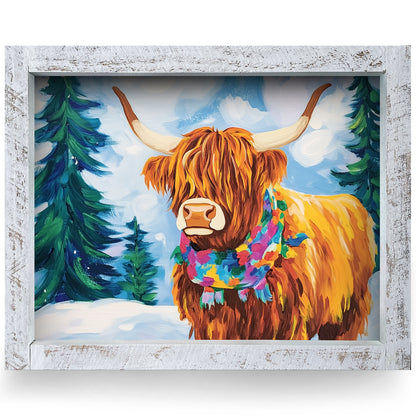 Highland Cow in Winter | Real Wood Framed Wall Art Print | Horizontal