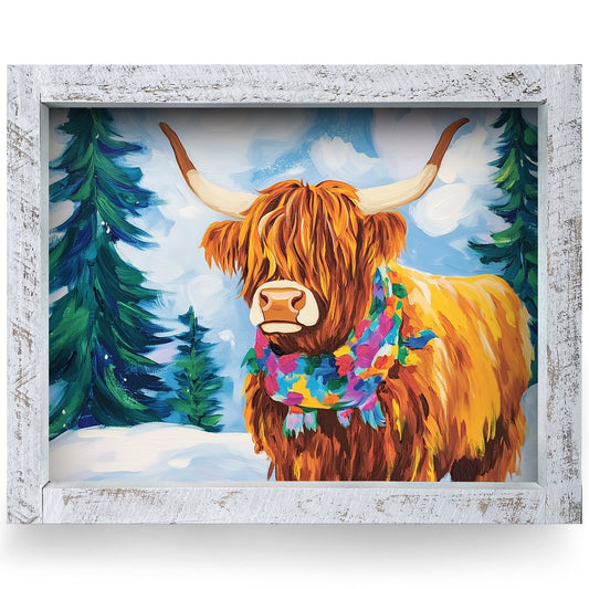 Highland Cow in Winter | Real Wood Framed Wall Art Print | Horizontal