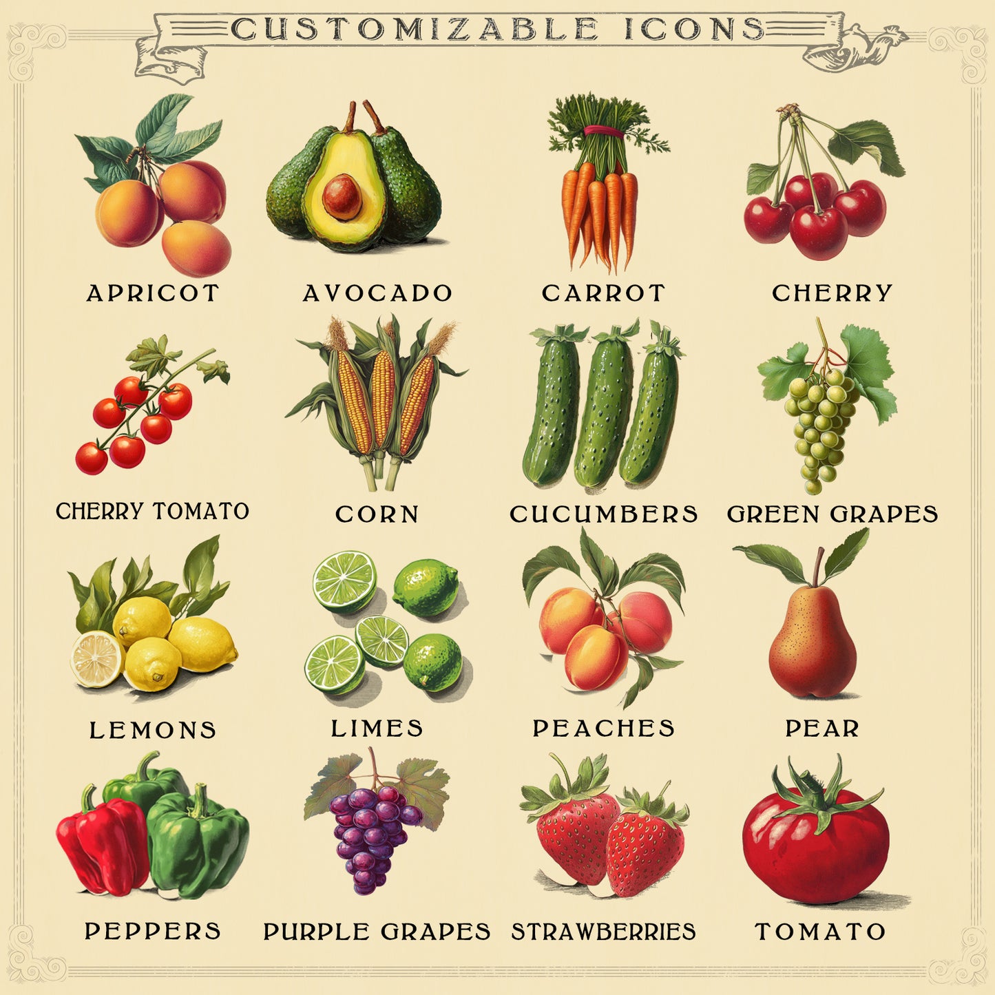 Customizable Fruits & Vegetables Sign | Icon Choice | Wall Art Print on Real Wood